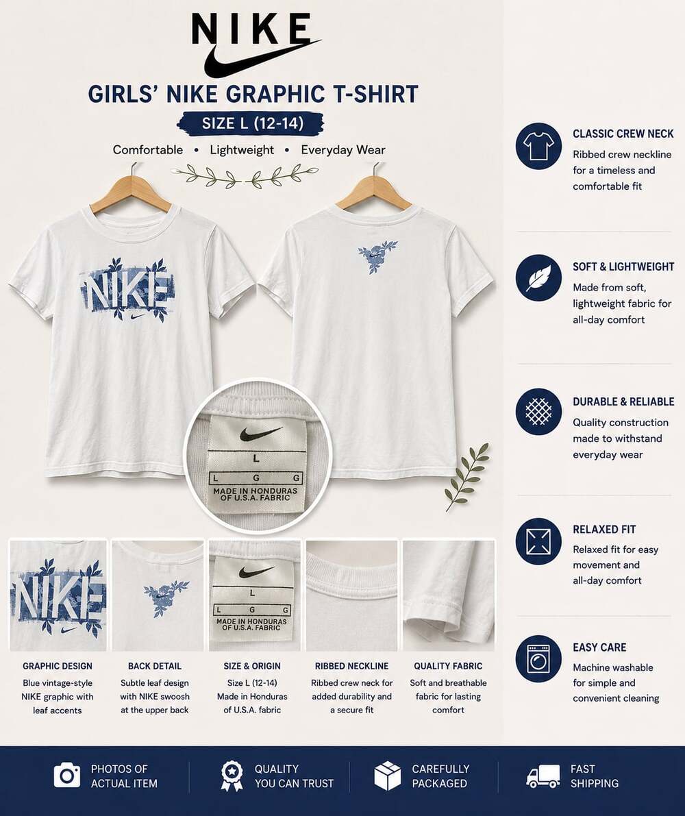 Girls' Nike Graphic T-Shirt White with Blue Leaf Design Size L (12-14)